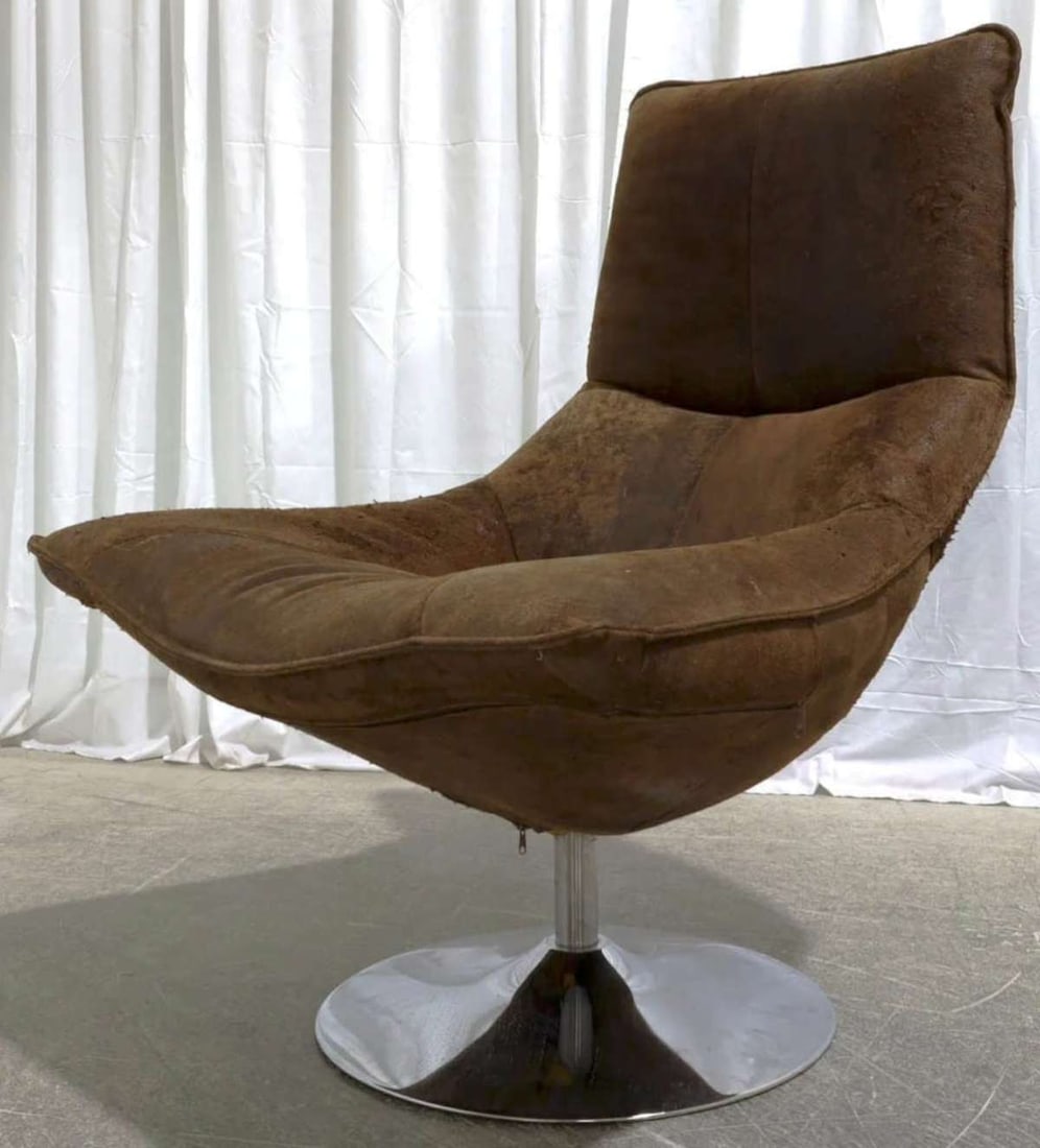 Restoration Hardware leather chair: gently used suede leather and chromed tulip base swiveling lounge chair, Hopper Bucket style, deep seat very comfyNOTE: this piece is not at the store, but at the consignor's