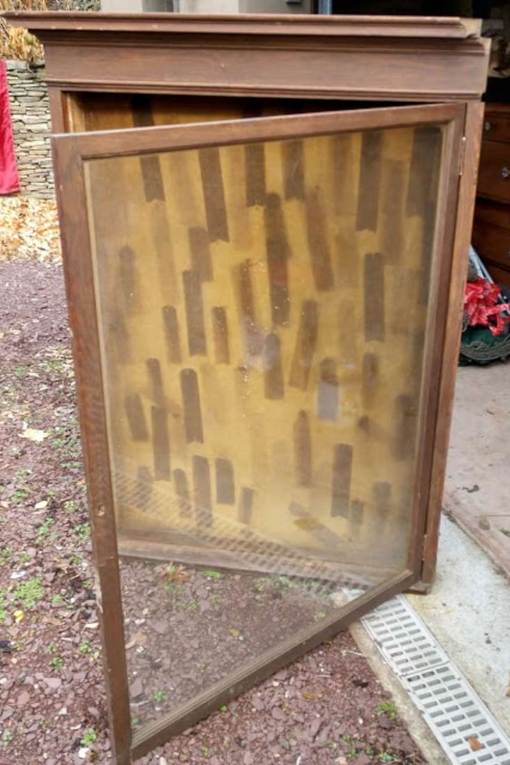 antique oak wall hung display case: antique heavy stained oak carved display case or wall hung cupboard, cabinet has glass insert swinging door and old beige/green velvet velvet background, previously used for ribbons but