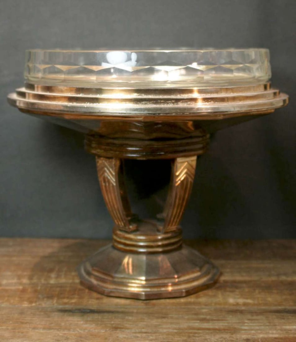 antique Art Deco Raynaud silver cut glass centerpiece: This is a gorgeous original antique ca. 1930 French Art Deco centerpiece by Raynaud with all appropriate marks. The body is silver plated with a beautifully warm golden tint, and the original fi