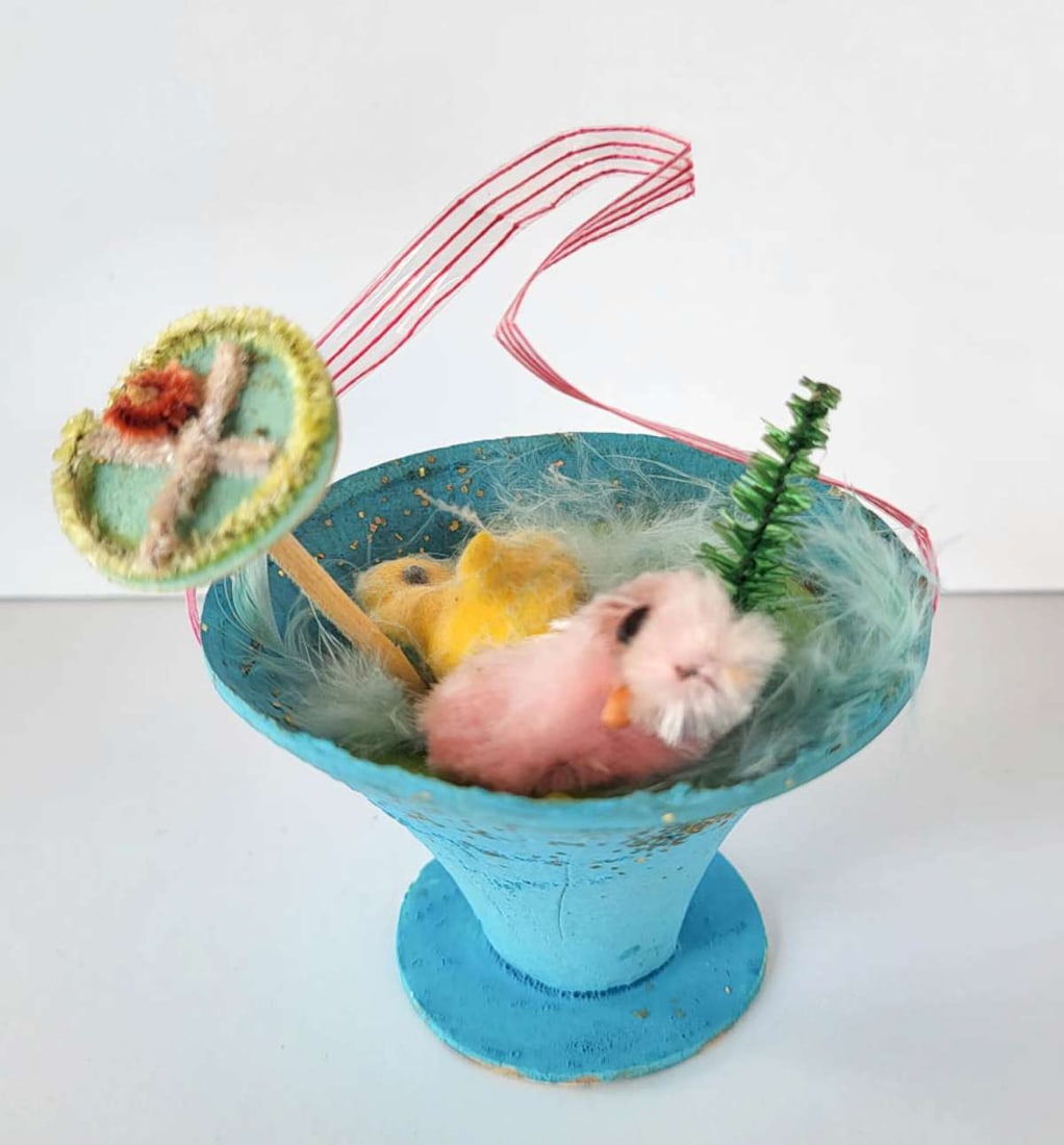 vintage Easter display piece: vintage ca. 1940's Easter Holiday painted cardboard "drink" with bottlebrush ducklings and accessories, marked Japan underneath as shown