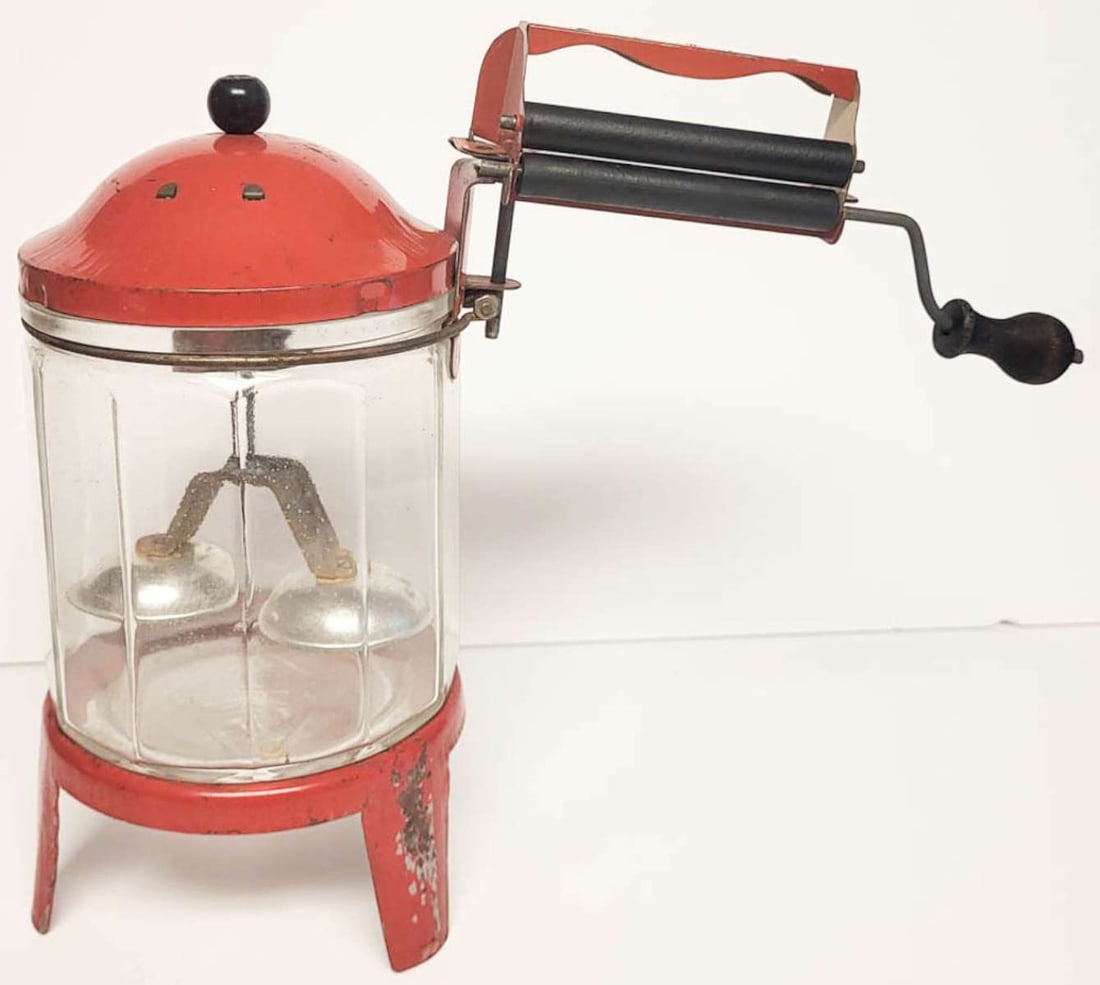 antique washing machine toy by Wolverine: vintage or antique Wolverine brand red tin and moulded glass washing machine toy with detachable clothes wringer