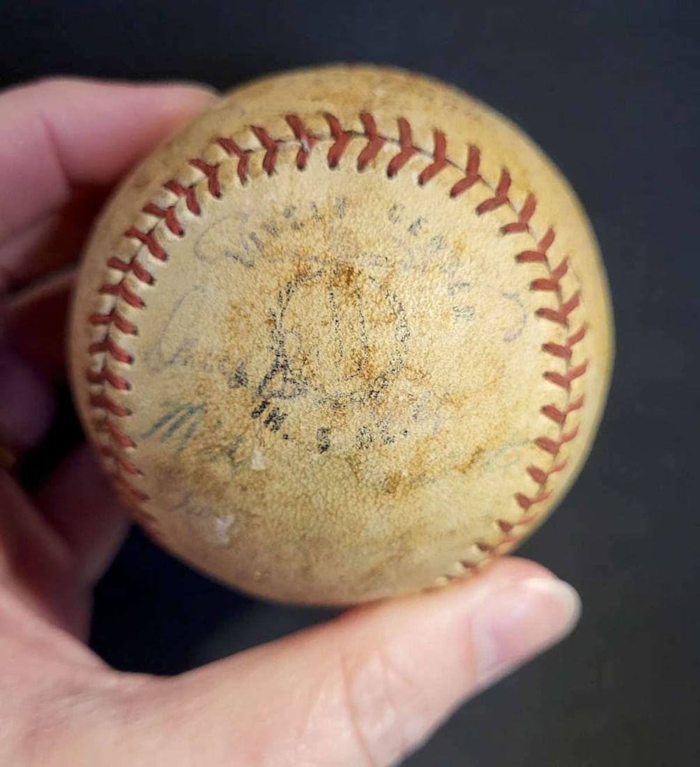 vintage signed baseball: vintage leather Spalding Official Pro League baseball with multiple illegible pen ink signed signatures.......unknown names or teams