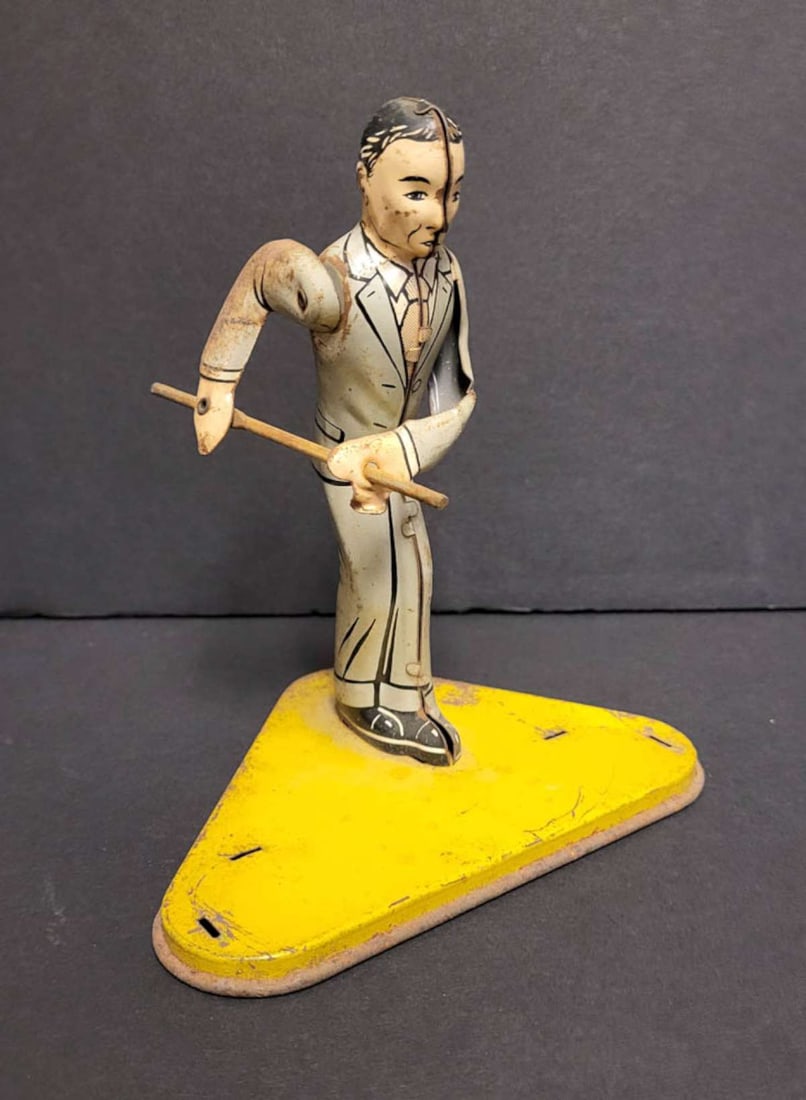 RARE vintage Ranger Steel player tin toy part: RARE vintage tin litho billiards player man in a suit and holding a pool cue set on a yellow base, was part of a mechanical toy
