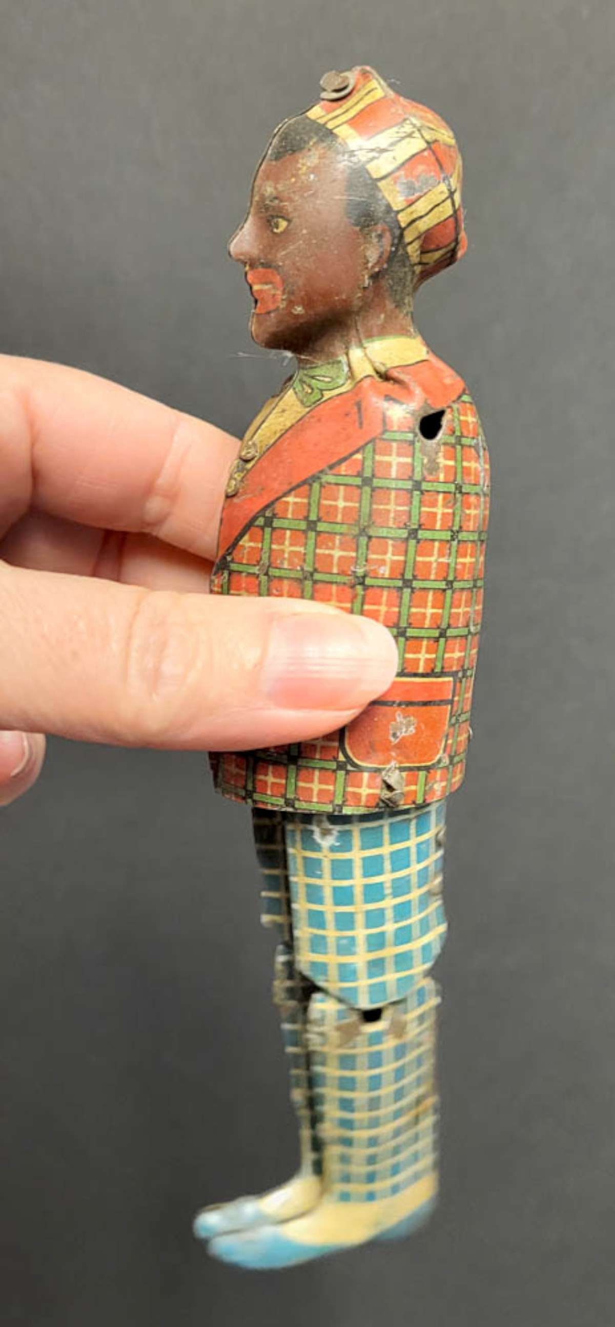 RARE Marx tin litho Black Americana toy: RARE Louis Marx part of a Jazzbo-Jim animated toy: the Black or African American dancing man playing a musical instrument on a roof of a house (man only though is for sale in this listing, as