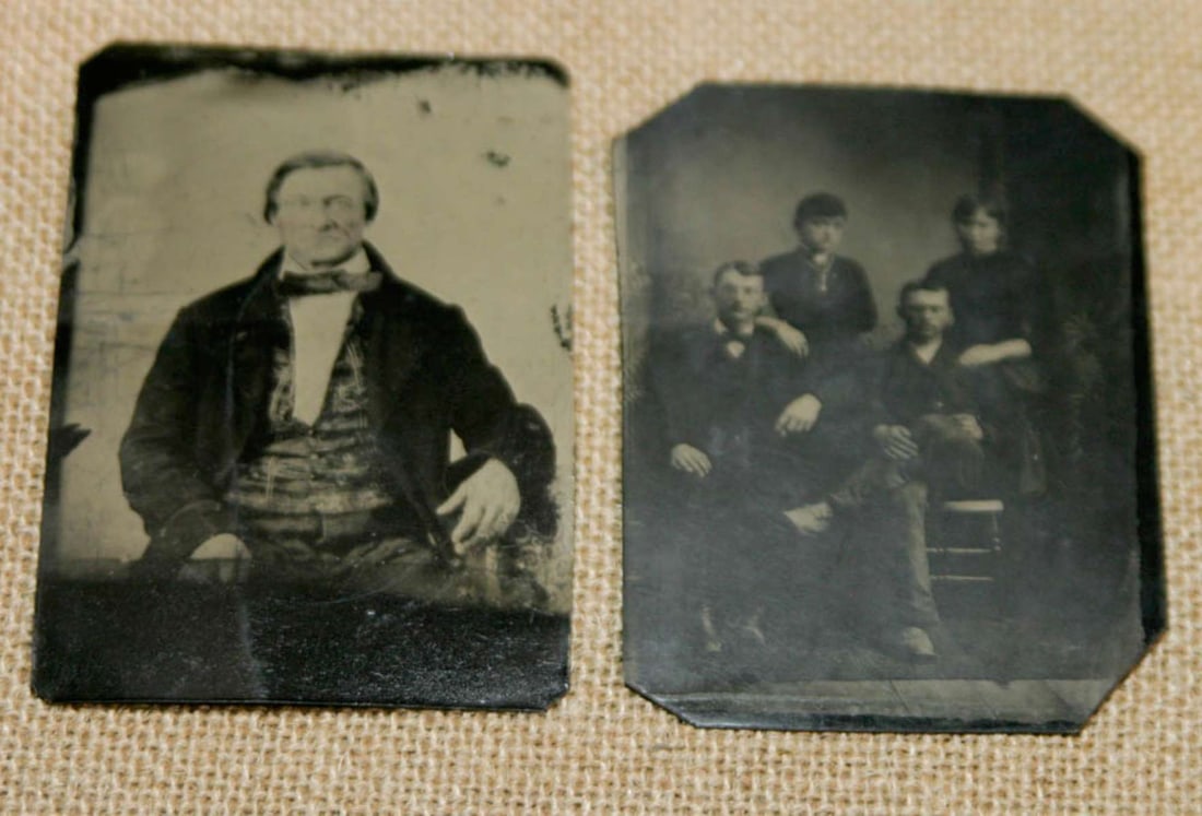 pair antique tintype photographs: set or lot of two ca. 1890's tintype photographs, one a nice crisp black and white portrait photograph of a gentleman sitting in a chair with hand tinted cheeks and the other of what appear