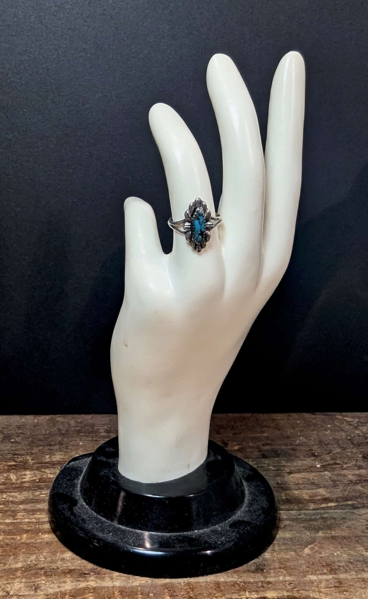 vintage estate jewelry: Native American ring: unmarked but most likely silver Native American Indian ring with center blue Turquoise stone, as shown