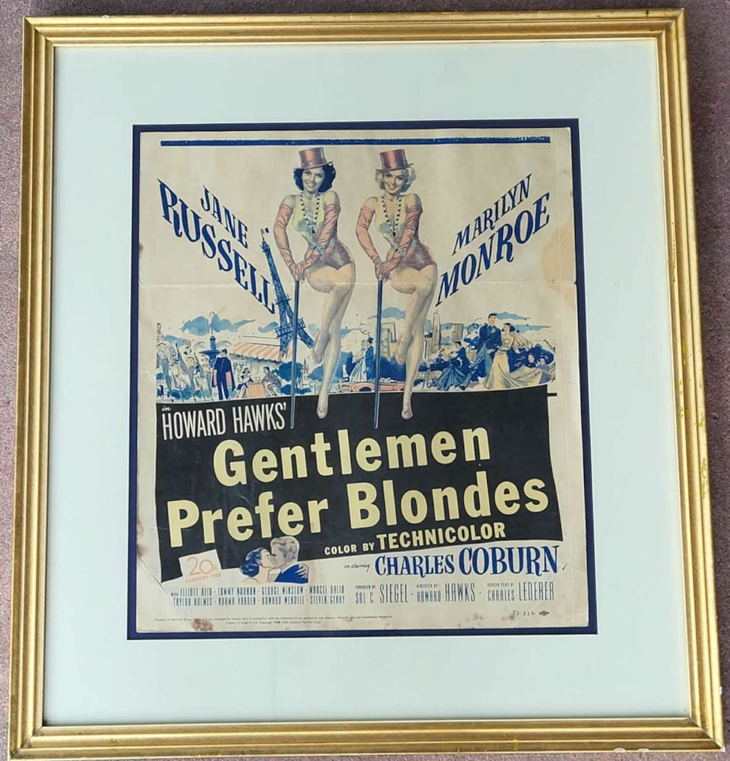 RARE vintage original movie poster Gentlemen Prefer Blondes: rare movie theater window card or chromolithograph print poster in original 1953 condition for Howard Hawks' Gentleman Prefer Blondes movie in Technicolor, starring Jane Russell and Marilyn