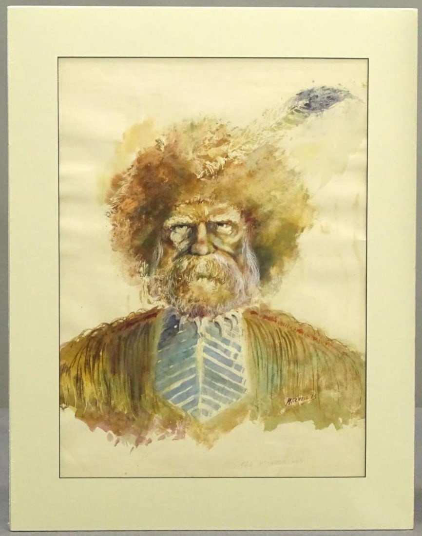 large original 1970s Western themed watercolor portrait: signed Mitchell lower right as shown and dated 1975 (possibly Arthur Roy Mitchell, American born 1889 to1977??) and pencil named Old Mountain Man and depicting a cowboy with a serious looking ma