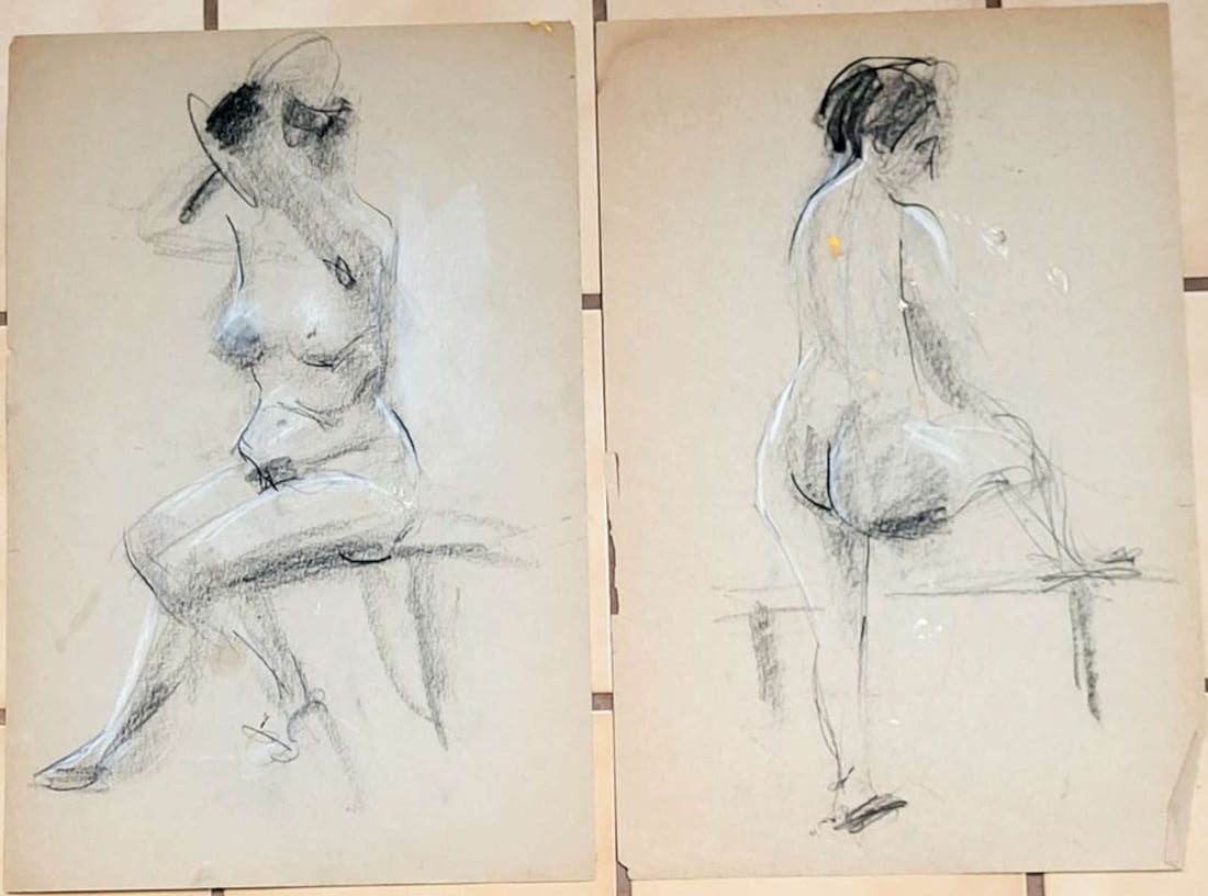 several vintage original nude study drawings: lot or set of one single and one double-sided original vintage gouache on paper drawings or nude women, none signed