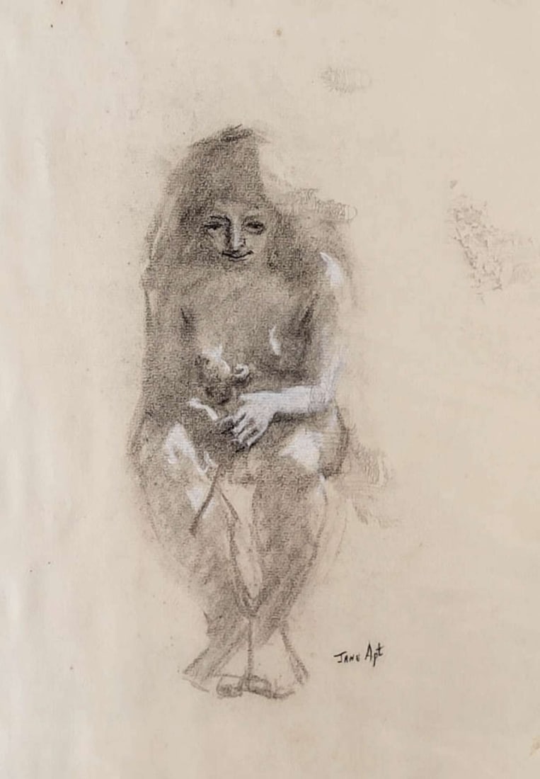 vintage original nude drawing by Jane Apt: signed Jane Apt lower right as shown, possibly the maiden name of artist Jane Bevans (see info below), original vintage pencil and chalk or gouache portrait sketch or study of a nude woman