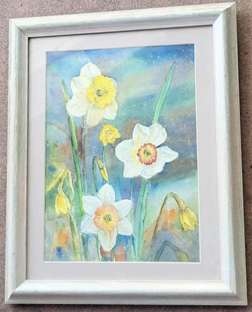original watercolor painting of flowers: wooden framed and matted vintage painting depicting a floral scene of Daffodils, appears to be unsigned