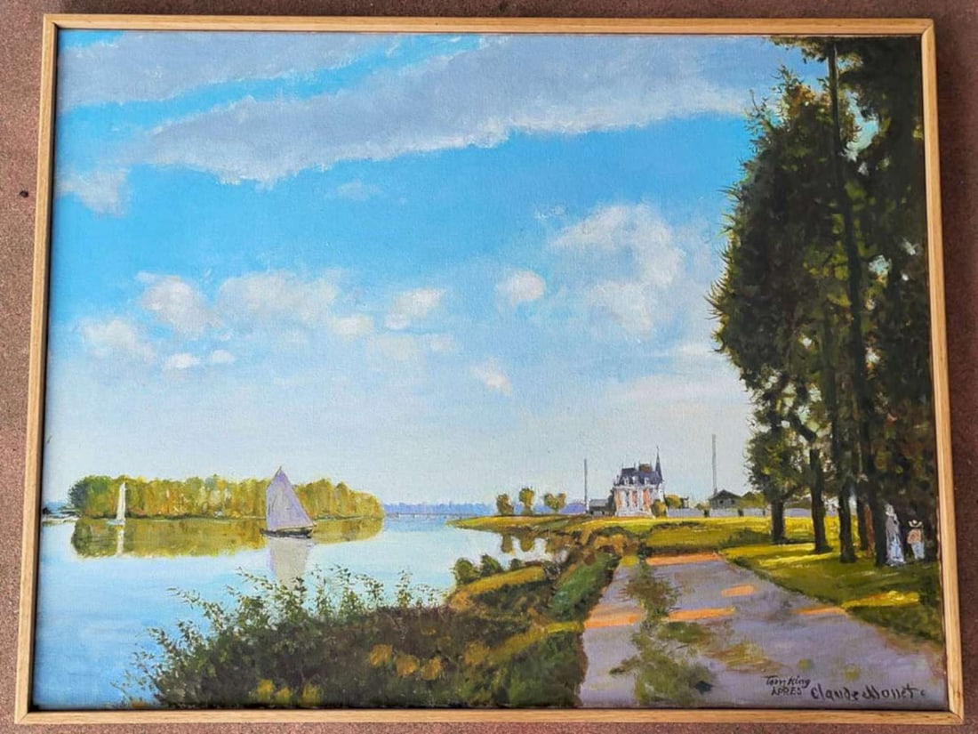 beautiful vintage painting after Monet: large simply framed vintage painting by artist Tom King, after Claude Monet's painting, signed lower right as shown and depicting a serene lake view with sailboats and an estate at th