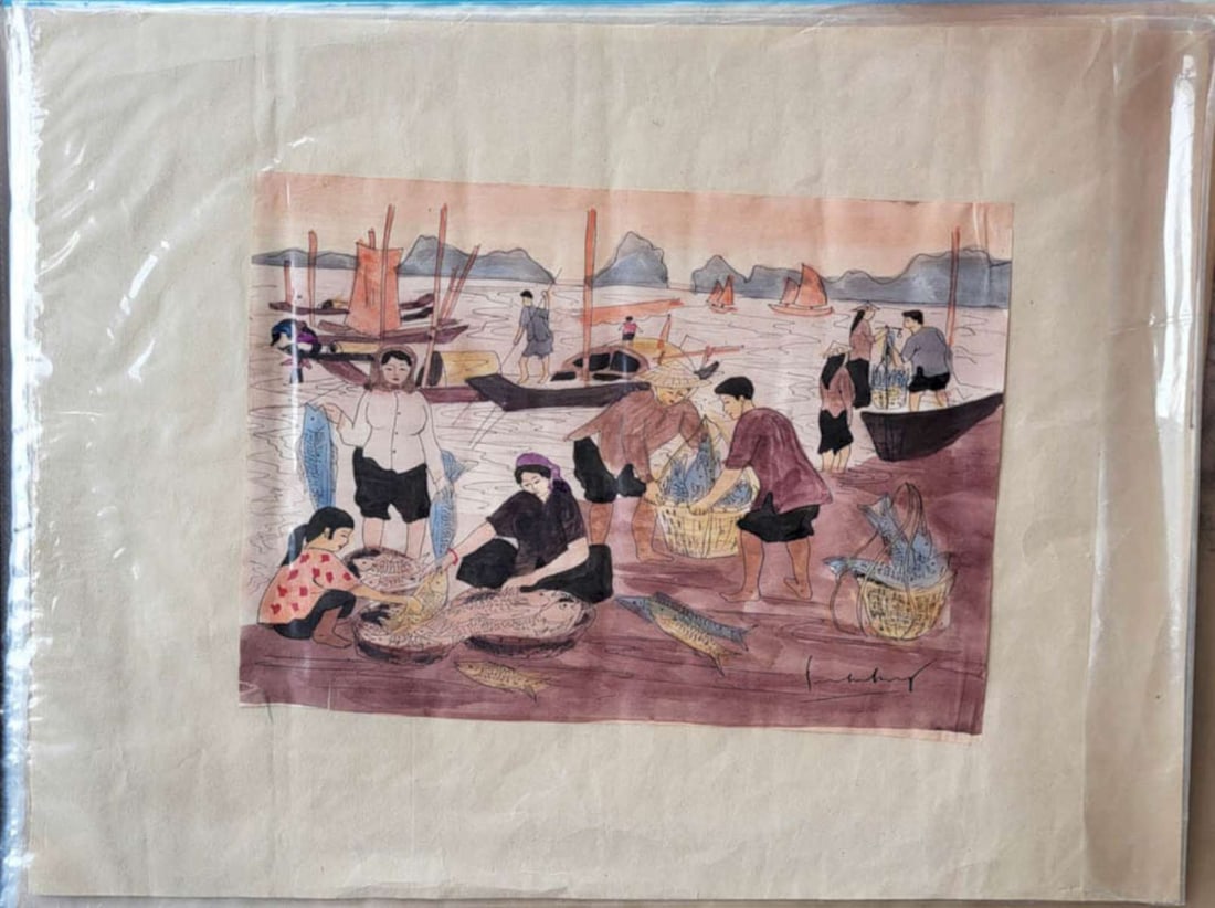vintage Chinese fisherman painting: watercolor painting with matte (and in shrink wrap cover) depicting a fishing village with men and women working on the catch of the day with boats and fish, Southeast Asian, original ille
