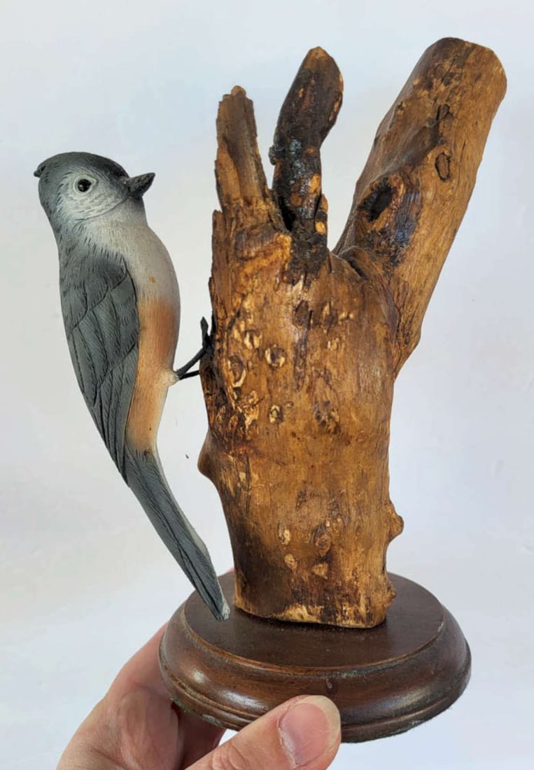 vintage carved wooden Folk Art bird: vintage carved wooden bird sculpture of a Tufted Titmouse, sitting on a piece of bark and on the turned wooden base, signed by the artist J. (Joseph?) Novalis as shown, beautiful sub