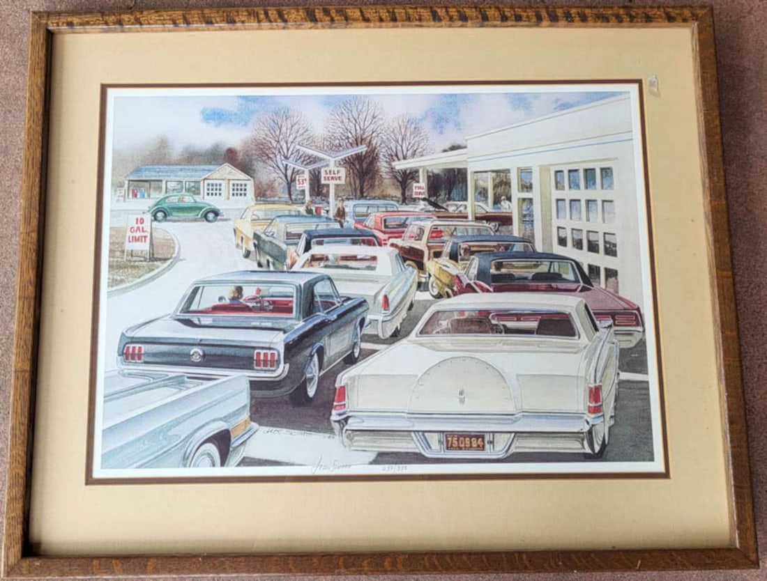 large vintage automobile related print in frame: beautifully framed and matted large poster print depicting a set of vintage cars lined up for a self-serve gas station during a 1970's crisis waiting to fill up on gasoline or petroleum with a 10