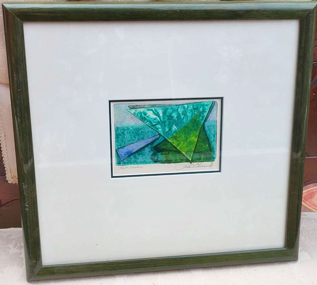 vintage artist signed abstract lithograph print: vibrantly colored in green and blue screen print in Modern Cubist style titled Faint Shadows and pencil signed lower right what looks like Susan Stevenson and dated 1991, nicely framed and doubl