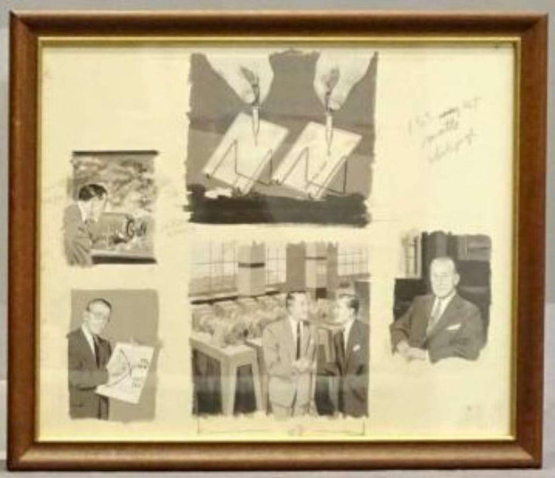 vintage Art Deco original illustration Art: wooden frame with gilt accent rim and original illustration depicting late Art Deco or early MCM or Mid Century Modern gentlemen in suits in an office building, great occupational collectible su