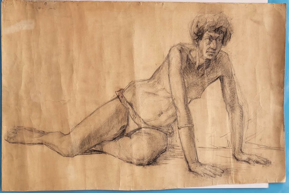 vintage nude drawing study: unframed large paper original pencil and gouache illustration study drawing of a semi nude woman sitting on the ground, unsigned