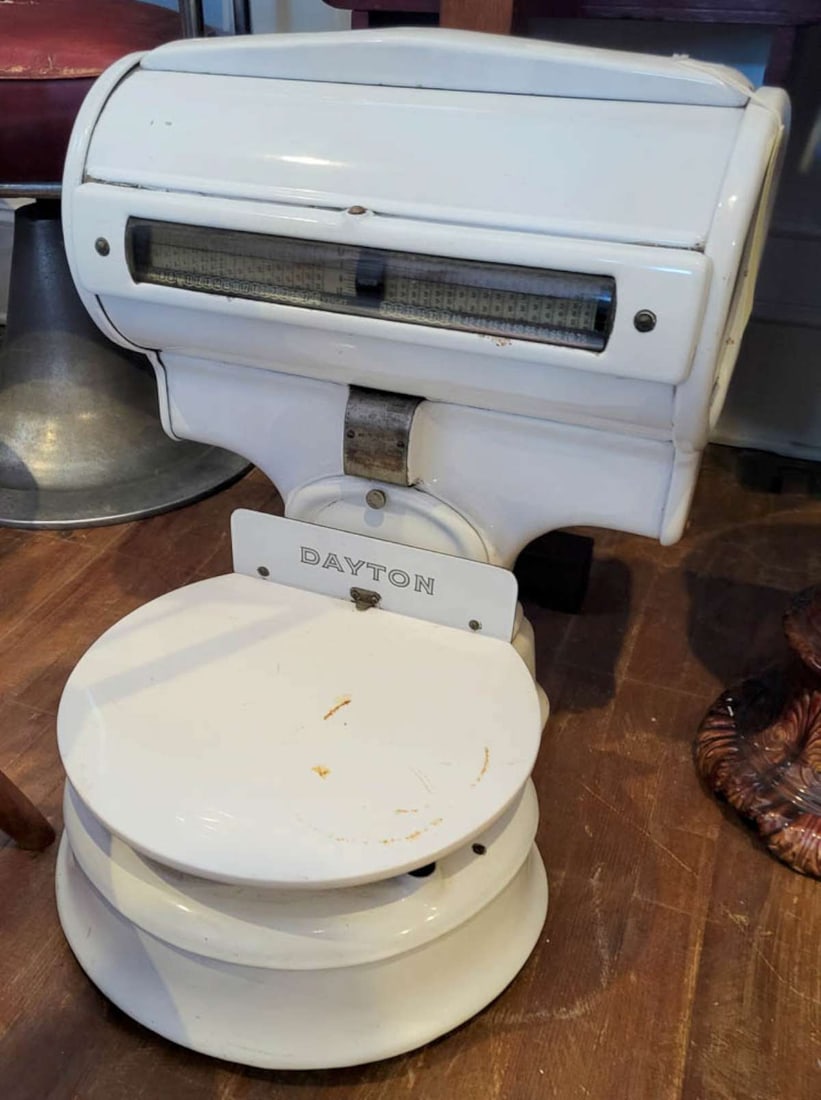 large vintage Dayton store counter scale: beautiful vintage heavy white enameled over metal store display or meat or money weight scale by Daytonminor chips, very heavy, works (might need to be calibrated)