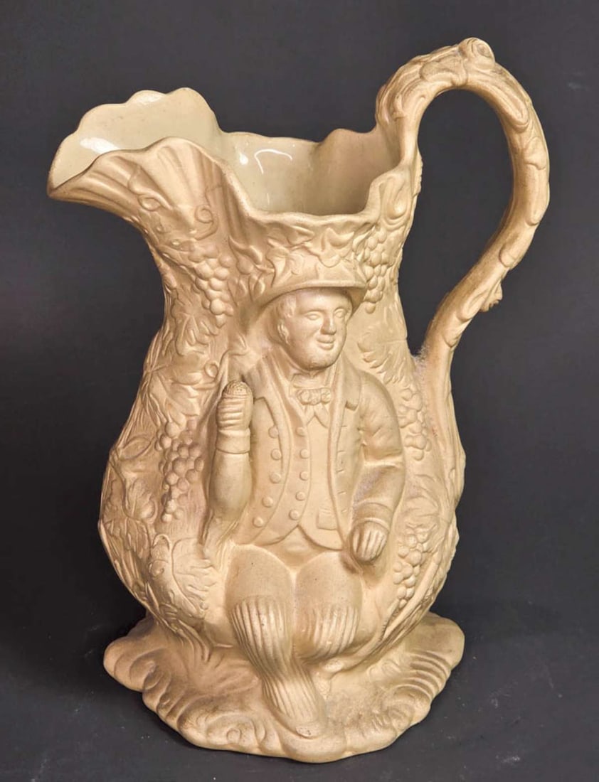 antique Victorian relief moulded character jug: unmarked but likely by Staffordshire potters like Ridgway or Alcock, beautifully moulded handled pitcher with Tam O'Shanter and Souter Johnnie (Robert Burns poem) characters depicting two m