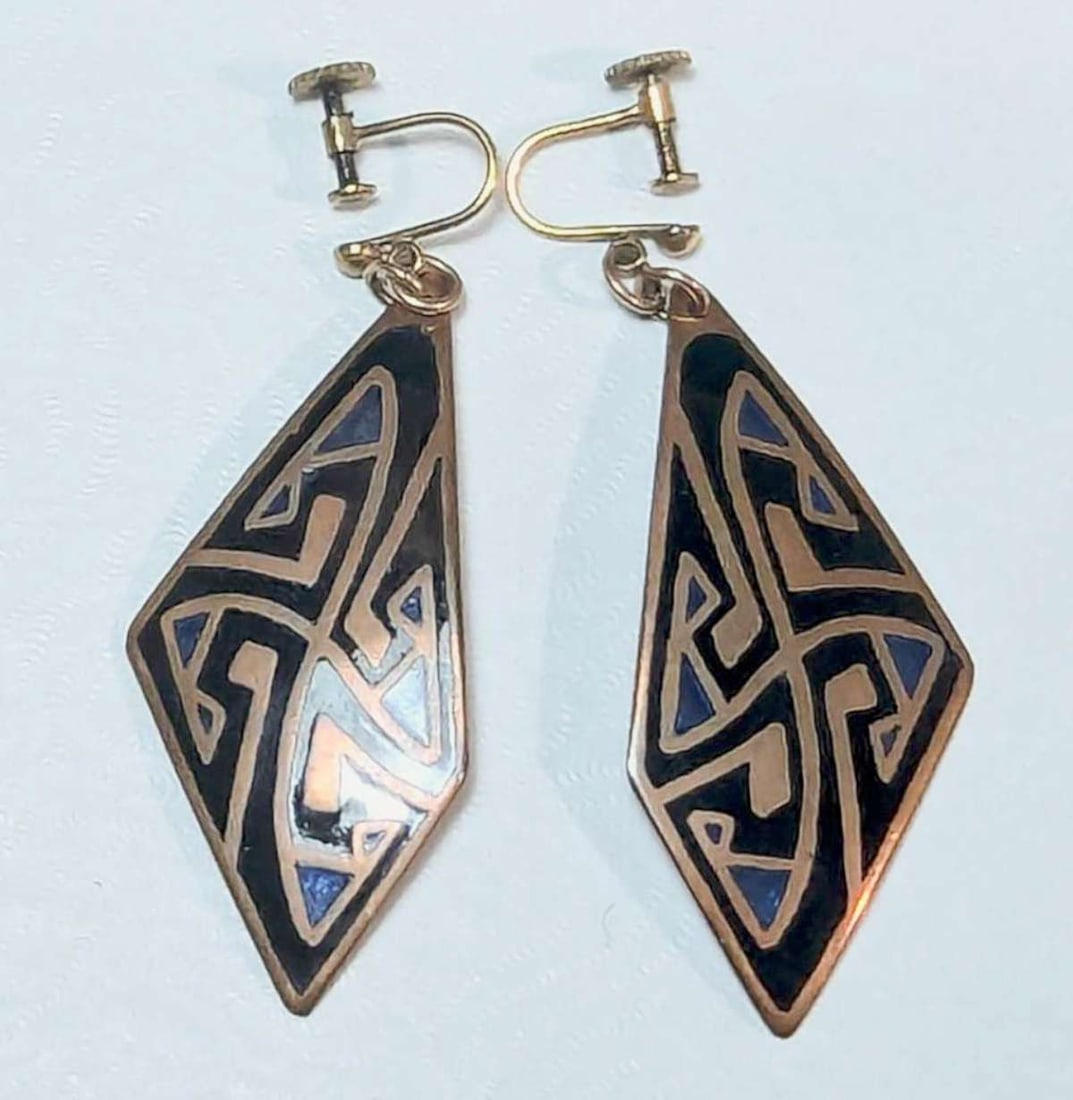 vintage estate jewelry: copper earrings: pair of vintage (or antique) copper screw back earrings with black and blue enameled abstract design, possibly Southwestern Native American, but not sure, initialed by the artist on