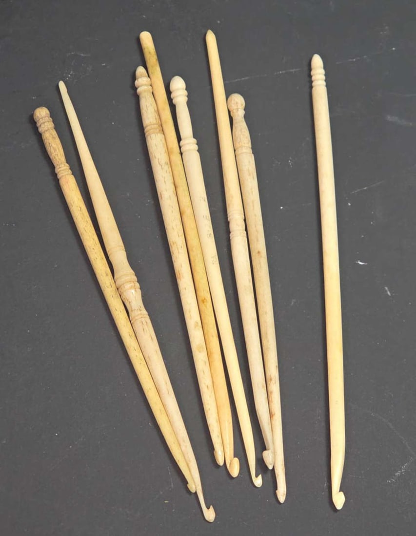 antique bone sewing implement tools: set or lot of 8 carved bone antique Edwardian or Victorian Era late 1800's knitting or crocheting sticks