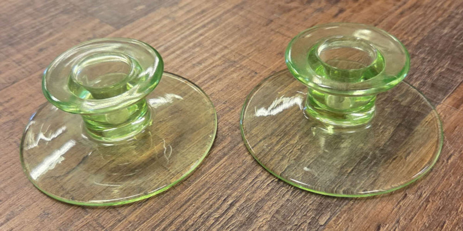 antique Vaseline Depressionware candlesticks (1 of 6)