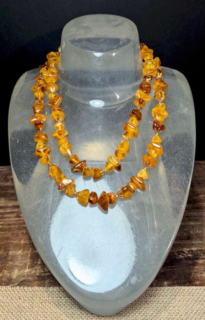 vintage estate jewelry: Lucite necklace: Amber colored cabochon on gold toned clasp marked Hong Kong as shown, necklace with double stranded translucent yellow (Apple juice) likely Lucite or early plastic tumbled look chip beads shorte