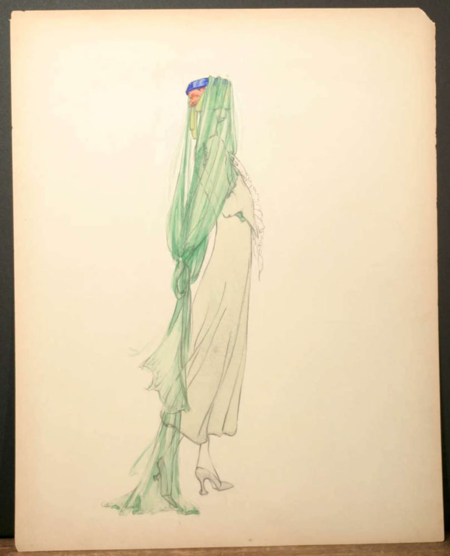 Helen Biggart original fashion design drawing: vintage pencil and watercolor fashion or theater costume design illustration drawing, the woman looks great in her flowing dress and blue hat with train, signed in pencil as shown by the a