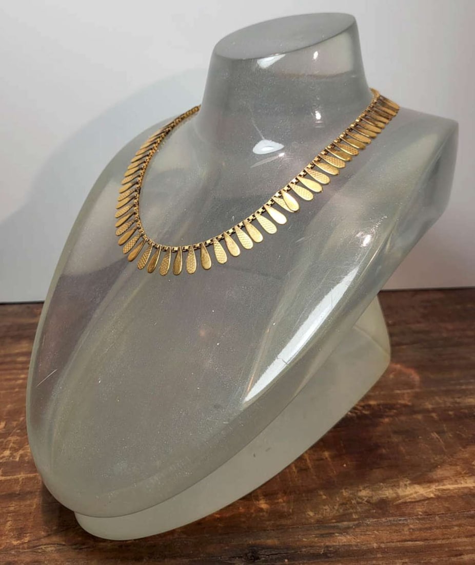 antique estate jewelry: gold filled necklace: tested with 10K acid and stayed for 5 seconds, so most likely lower karat gold or filled piece, this is a stunning antique Egyptian Revival necklace with leaf or flower petal fringe design