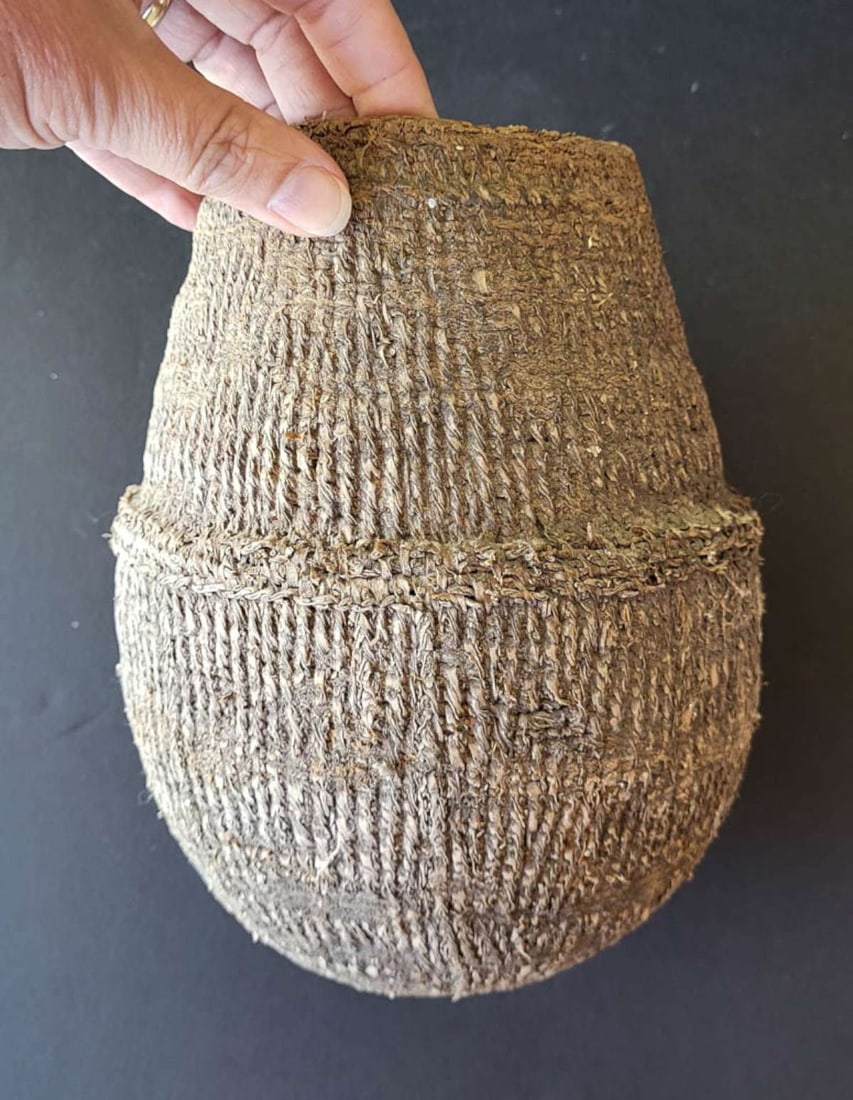 Oromo Ethiopian Borana milk jar: vintage or likely even antique African grass or plant fiber jug or jar, used for holding liquids Info from online search: "The jars are covered with tightly woven vegetal fibers, incl