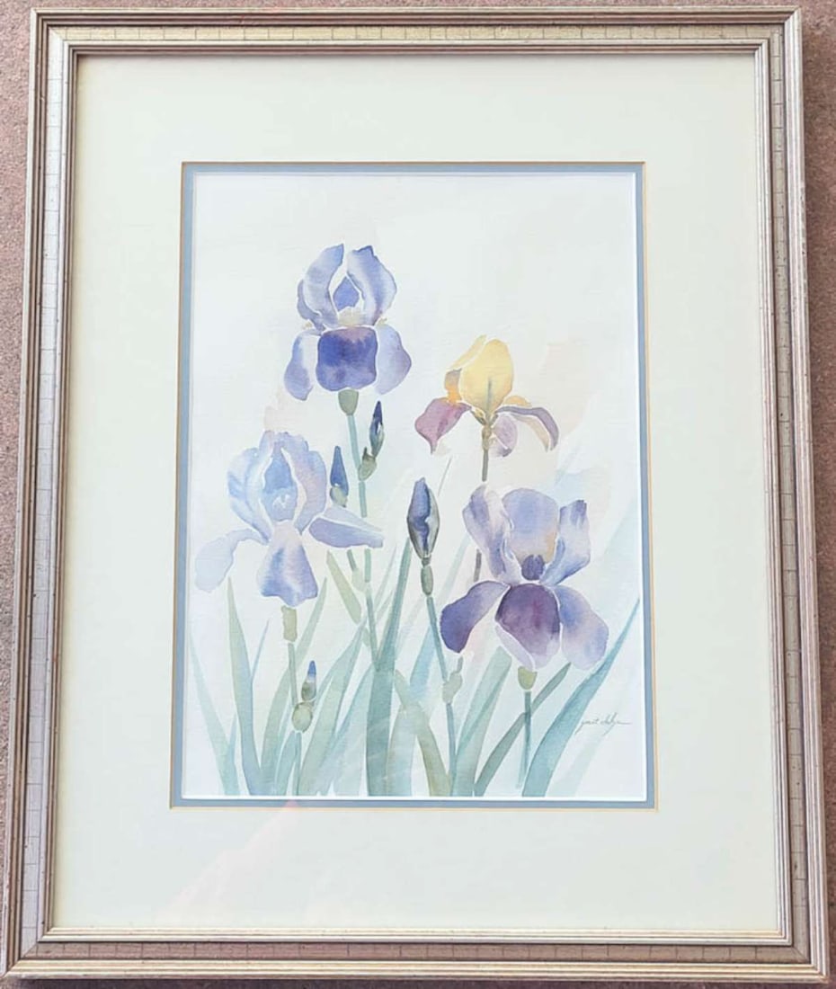 original watercolor painting of flowers: wooden framed and double matted vintage painting depicting a floral scene of Bearded Iris, signed by the artist lower right as shown Grant Julep (illegible?)