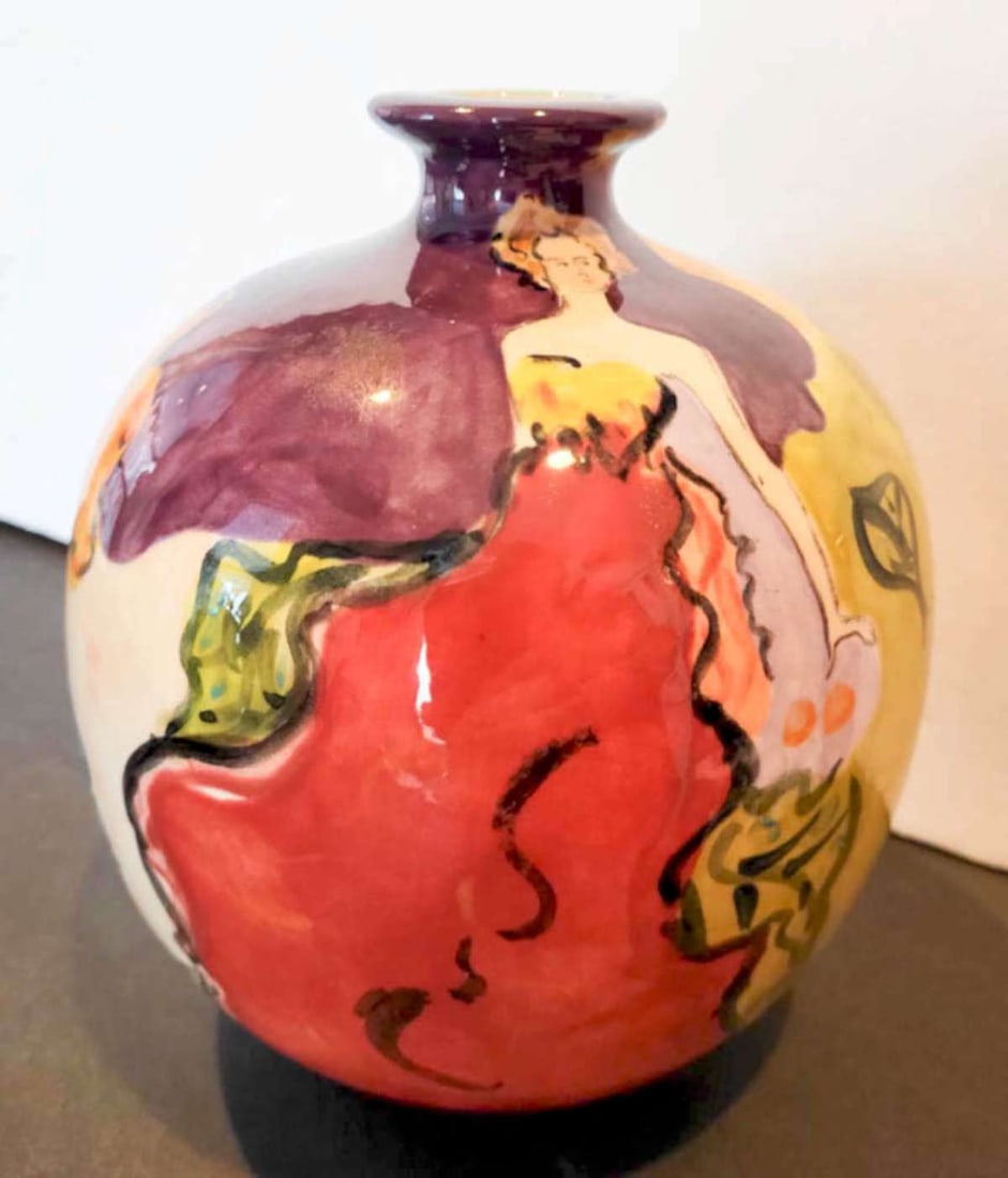 vintage bulbous vase with hand panted women design: style reminds me of Francis McCarthy, but this pottery or porcelain vase is illegibly signed (Binzinet?) and numbered 5 of 100 limited edition and titled Robe Rouge ("red dress" in Fre
