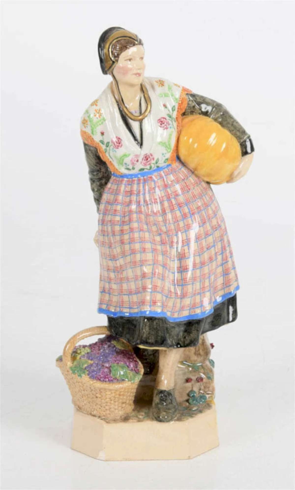 antique English Dulwich figural statue: dated 1928 figural pottery or earthenware (pearlware?) statue shaped like a woman holding a large pumpkin under hear arm and with a basket of flowers at her feet, marked as shown J.S.B VW Englan