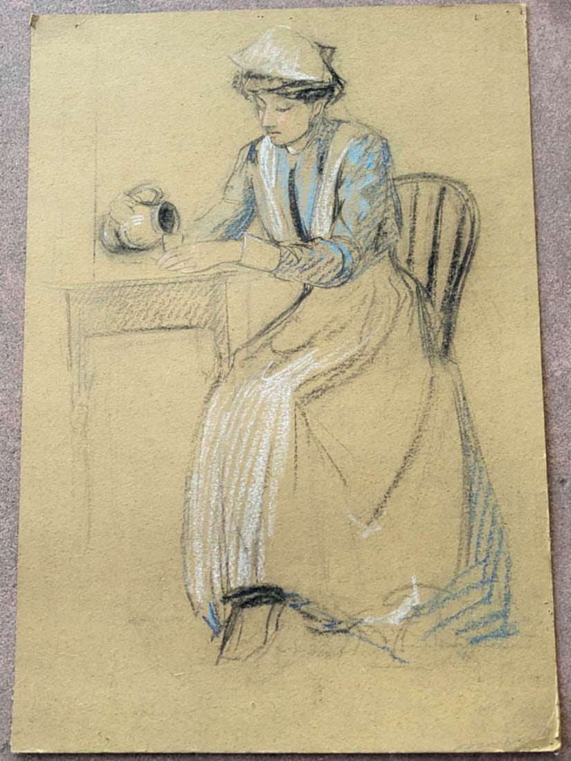 antique original drawing of a Dutch woman: pastel or gouache on large piece of heavy cardstock paper depicting a Flemish (from Belgium) or Dutch (from Holland or The Netherlands) woman sitting at a table pouring from a pitcher, signed il