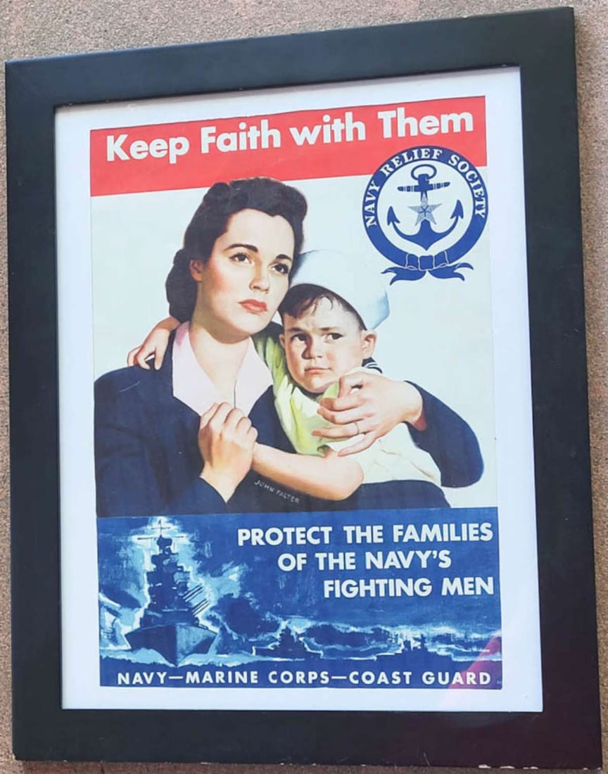 vintage framed WWII poster: likely a later (vintage) reproduction of a World War 2 poster for the Navy, Marine Corps and Coast Guard Keep Faith With Them Protect The Families Of The Navy's Fighting Men, depictin