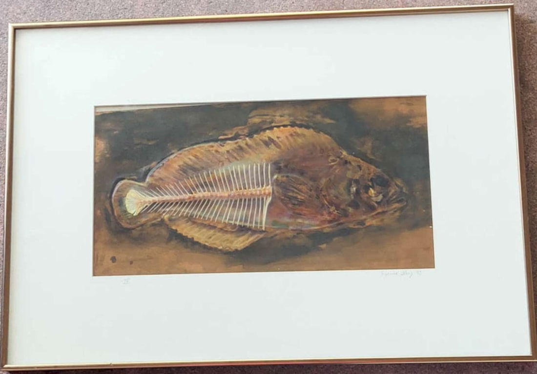 unusual fish themed mixed media framed Art: titled IV (number 4) and pencil signed by the artist lower right as shown (what appears to read) Suzanne Flacy and dated 1993, this is an unusual mixed media piece with raised hammered acid stai