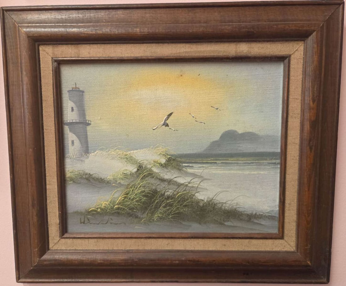 vintage framed sand dune painting: vintage painting on canvas of a grassy sand dune with lighthouse, seagulls or other birds and in a wooden and linen frame, signed illegibly lower left as shown