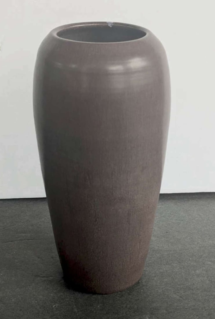 vintage Ephraim pottery vase: vintage tall pottery vase in a brown purple drip glaze hue and marked as shown underneath Ephraim Pottery USA and the artist's name Kevin Hicks