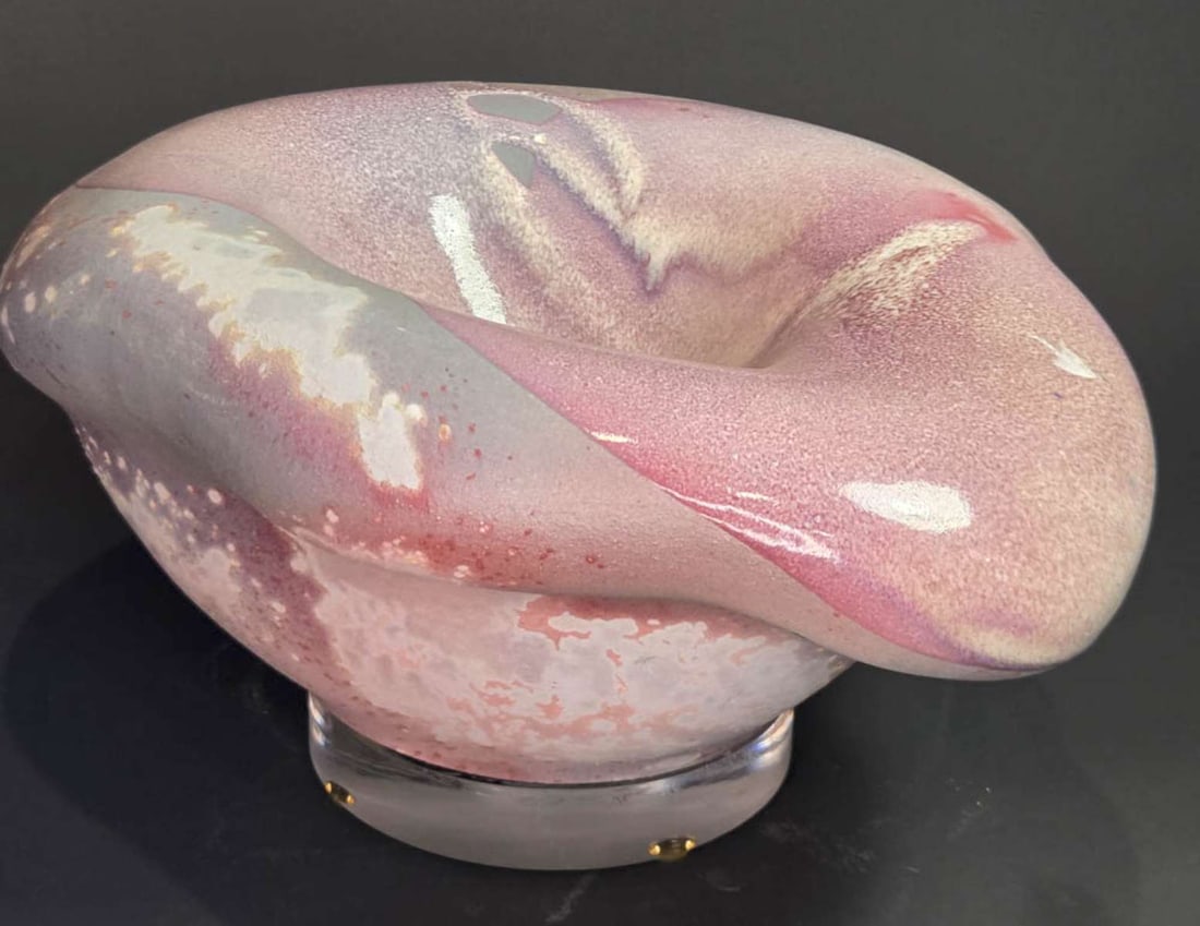 vintage Tony Evans Raku pottery biomorphic bowl: unusually organic shaped bowl on a Lucite base, feels like glass but appears to be made of Raku pottery with artist's signature and dated for 1949 as shown, gray and pink hues and tex