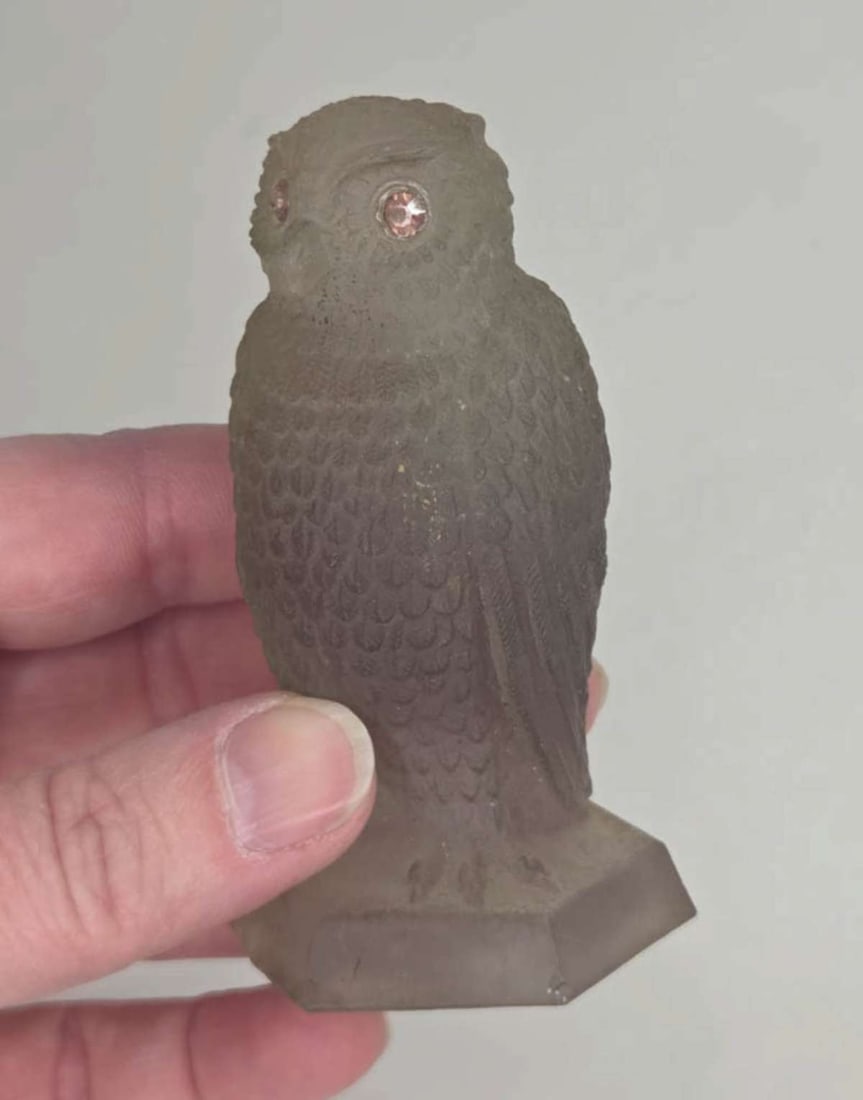 antique glass owl figurine: antique unmarked, but likely by Westmoreland, frosted glass figural statue or paperweight of a bird with pink cut rhinestone eyes