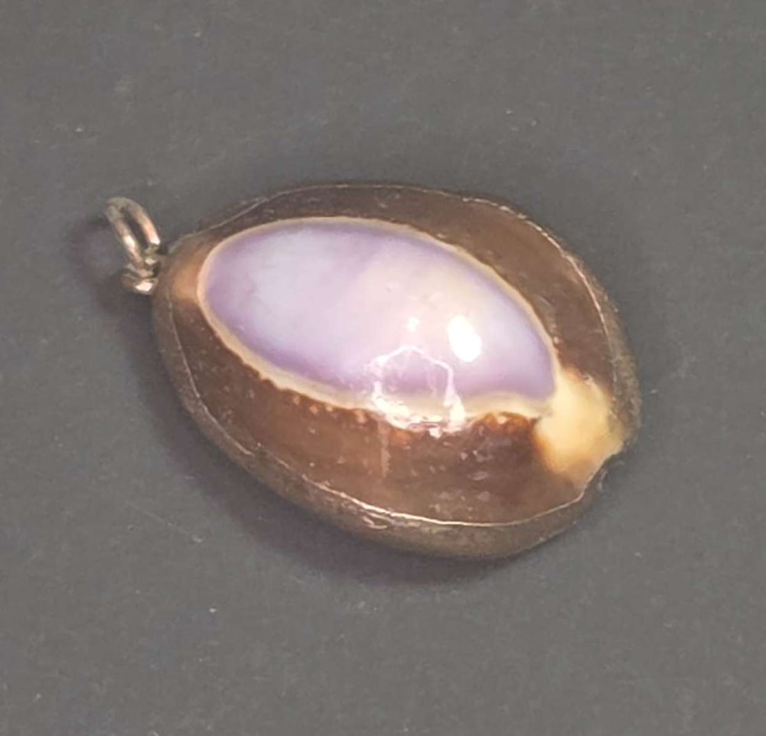 vintage estate jewelry: unusual shell pendant: vintage unmarked but most likely gold filled edge Serpent's Head or Snakehead Cowrie shell charm or necklace pendant with an odd or weird purple defect (or inserted on purpose) in the center maki