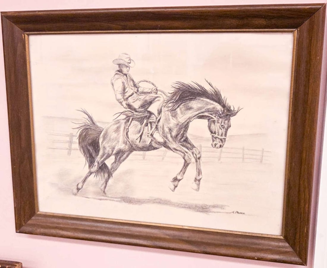 original vintage illustration drawing rider and horse: vintage original pencil drawing depicting a man in a cowboy hat breaking in a horse in a paddock, signed by the artist A. Prince lower right as shown, nicely framed