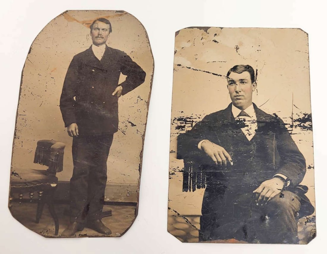 pair antique tintype photographs: set or lot of two ca. 1890's tintype photographs, one a black and white portrait photograph of a standing gentleman with a moustache, the other of another gentleman sitting in the sam