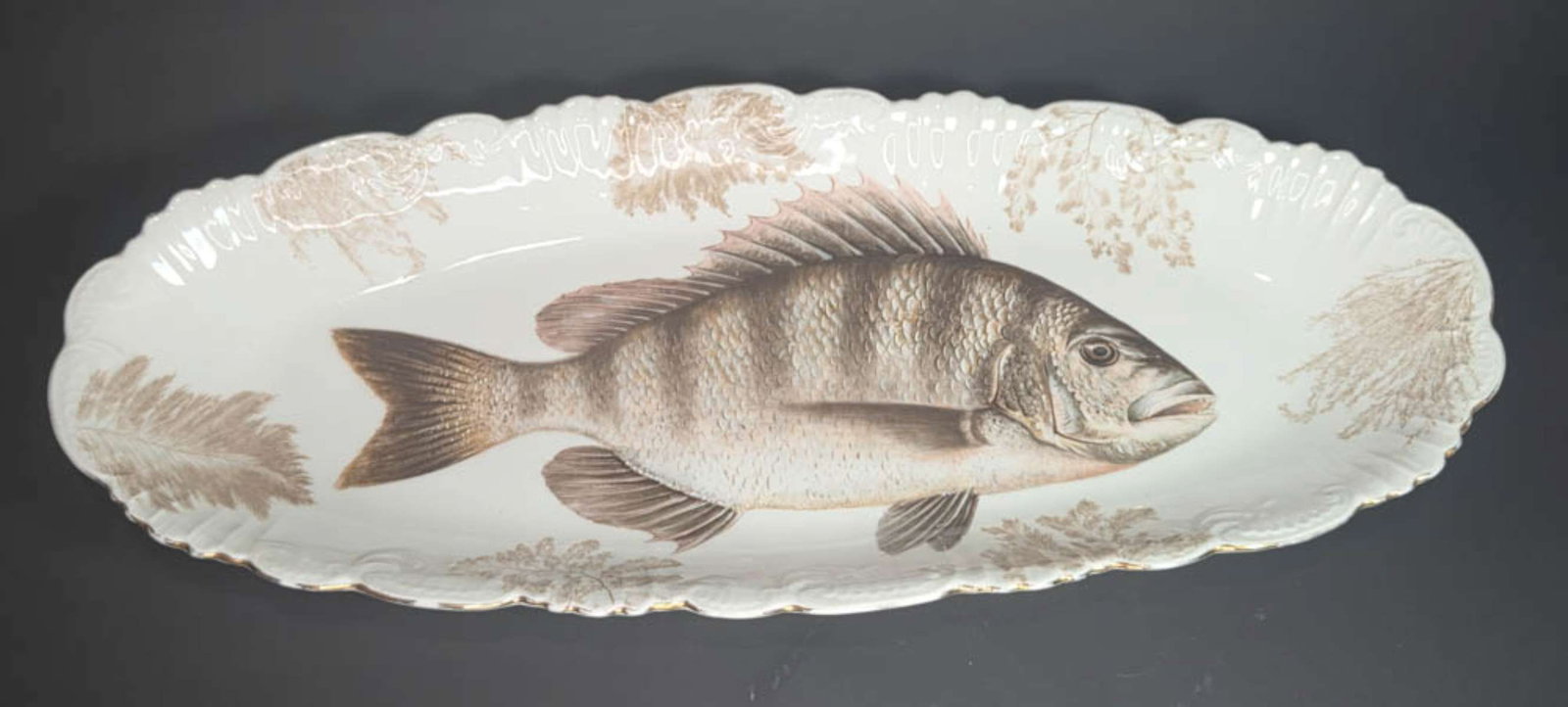 antique Limoges fish serving plate: large antique Tressemanes and Vogt (T V) Limoges France marked (mainly used between 1907 and 1919) oval porcelain platter with hand painted design of leaves (or seaweed?) and a central fish (Striped B