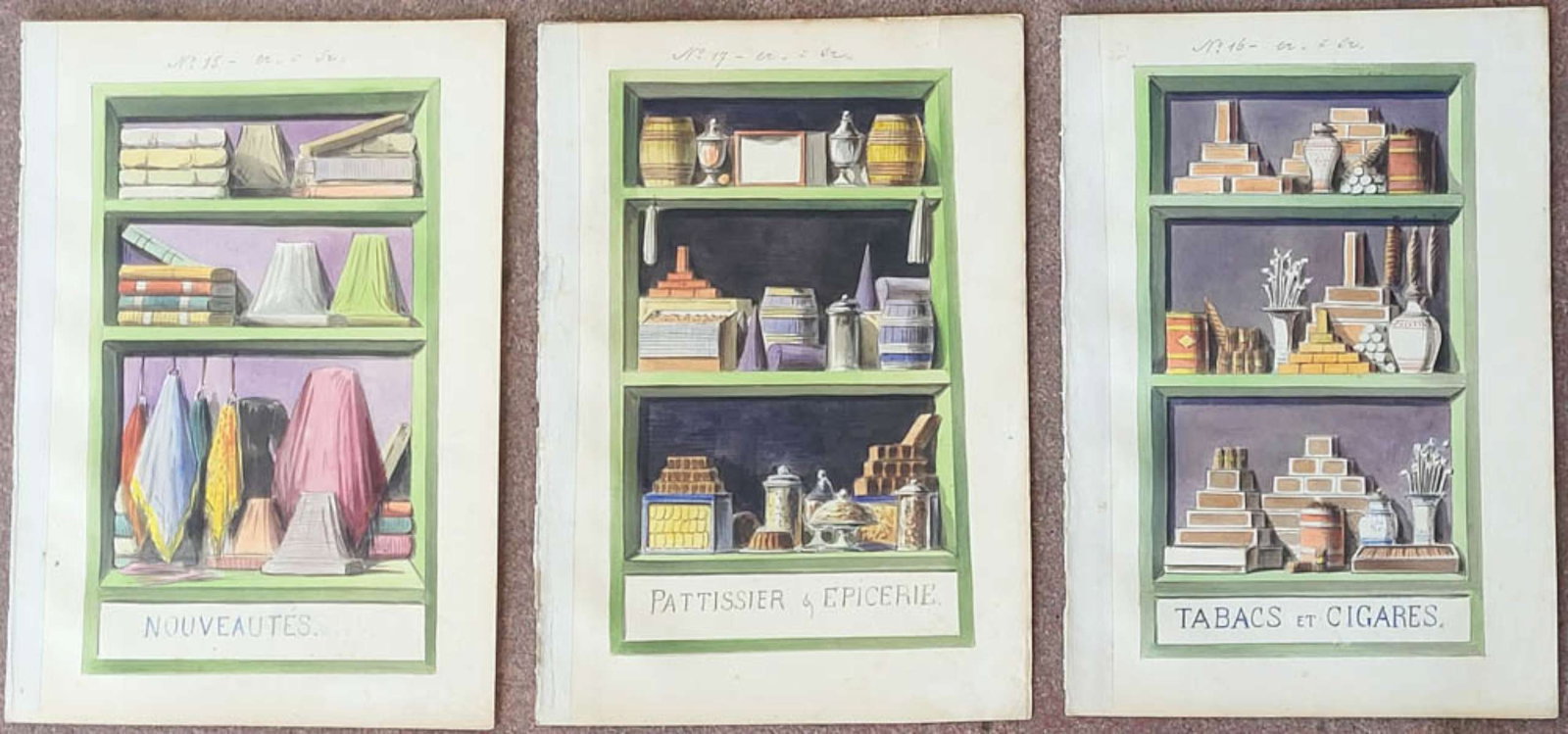 set of THREE antique French paintings of wall or mural design: lot or set of three antique (ca. mid-1700's to early 1800's style) vibrantly colored watercolor illustration paintings on paper, each with pencil written text in French explaining what
