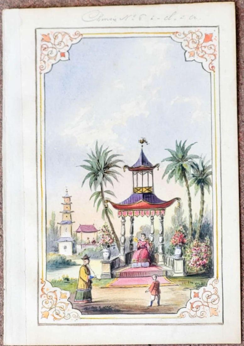 antique French painting of wall or mural design: antique (ca. mid-1700's to early 1800's style) vibrantly colored watercolor illustration painting on paper, with pencil written text in French explaining what the mural (or wall paper 
