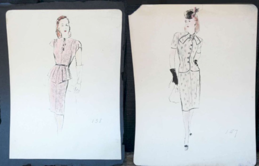 PAIR vintage original fashion illustration drawings: PAIR of pen and ink vintage drawing on paper and black matte, with watercolor accents, first numbered 138, but not signed and depicting a lady or woman in a pink 2-piece suit and whi