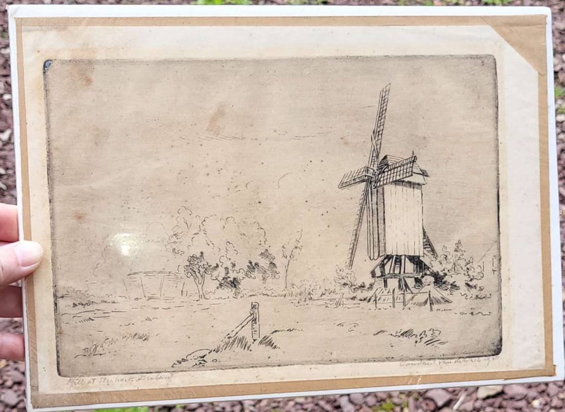 antique engraving Dutch windmill, signed: antique etching or engraving depicting a landscape with windmill, titled Mill at Sterhoek Brabant (in the then Flemish part of Holland or The Netherlands) and signed by the artist lower right