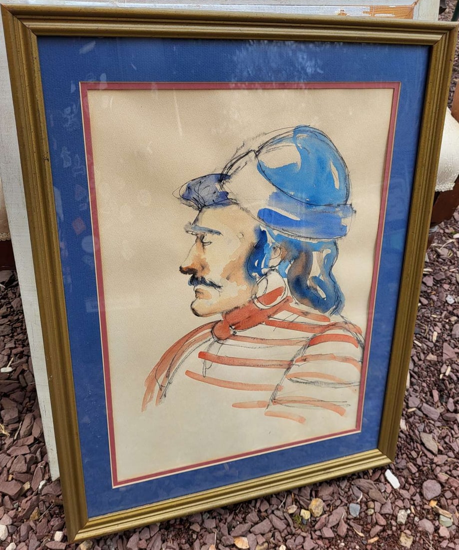 original framed painting Pennsylvania artist: large vintage framed and double matted sketch style watercolor portrait painting of a soldier, label on the back for the artist Ralph Ennunziata